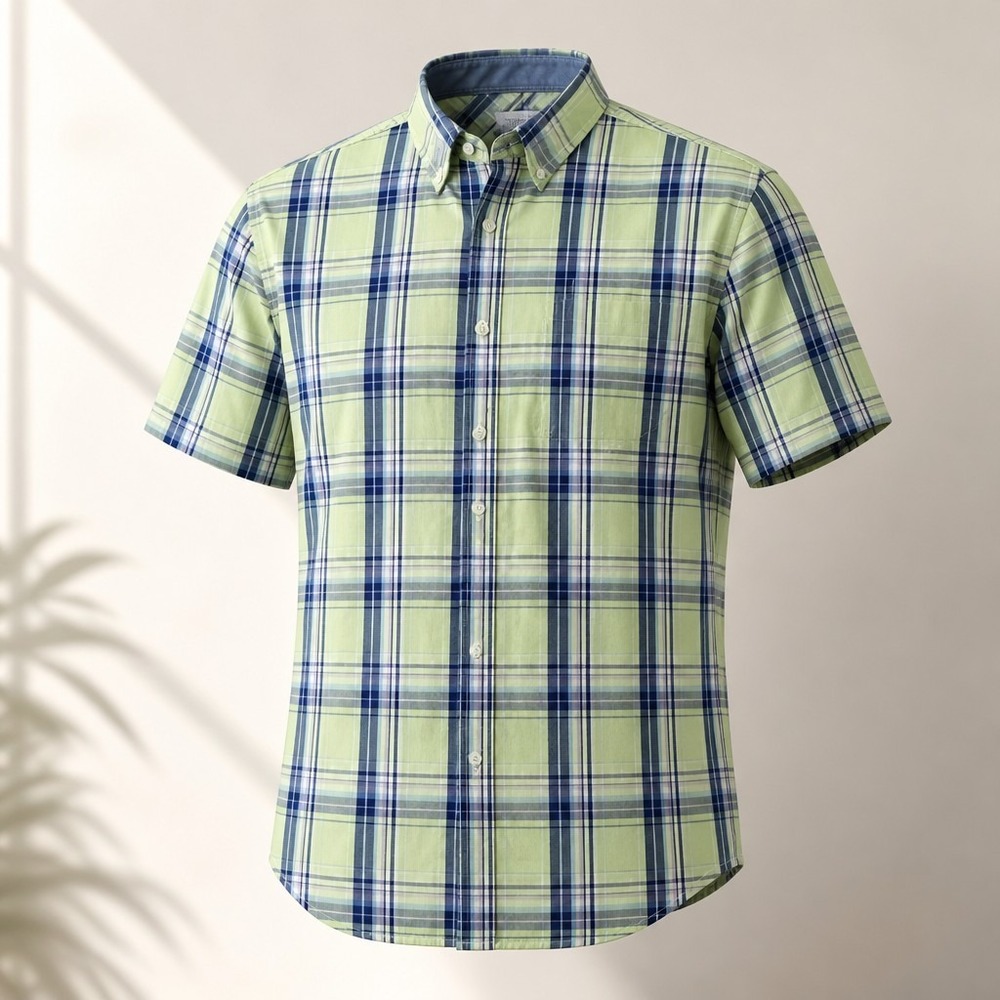 IZOD Saltwater Men's Lime Green and Navy Plaid Short Sleeve Button Down Shirt